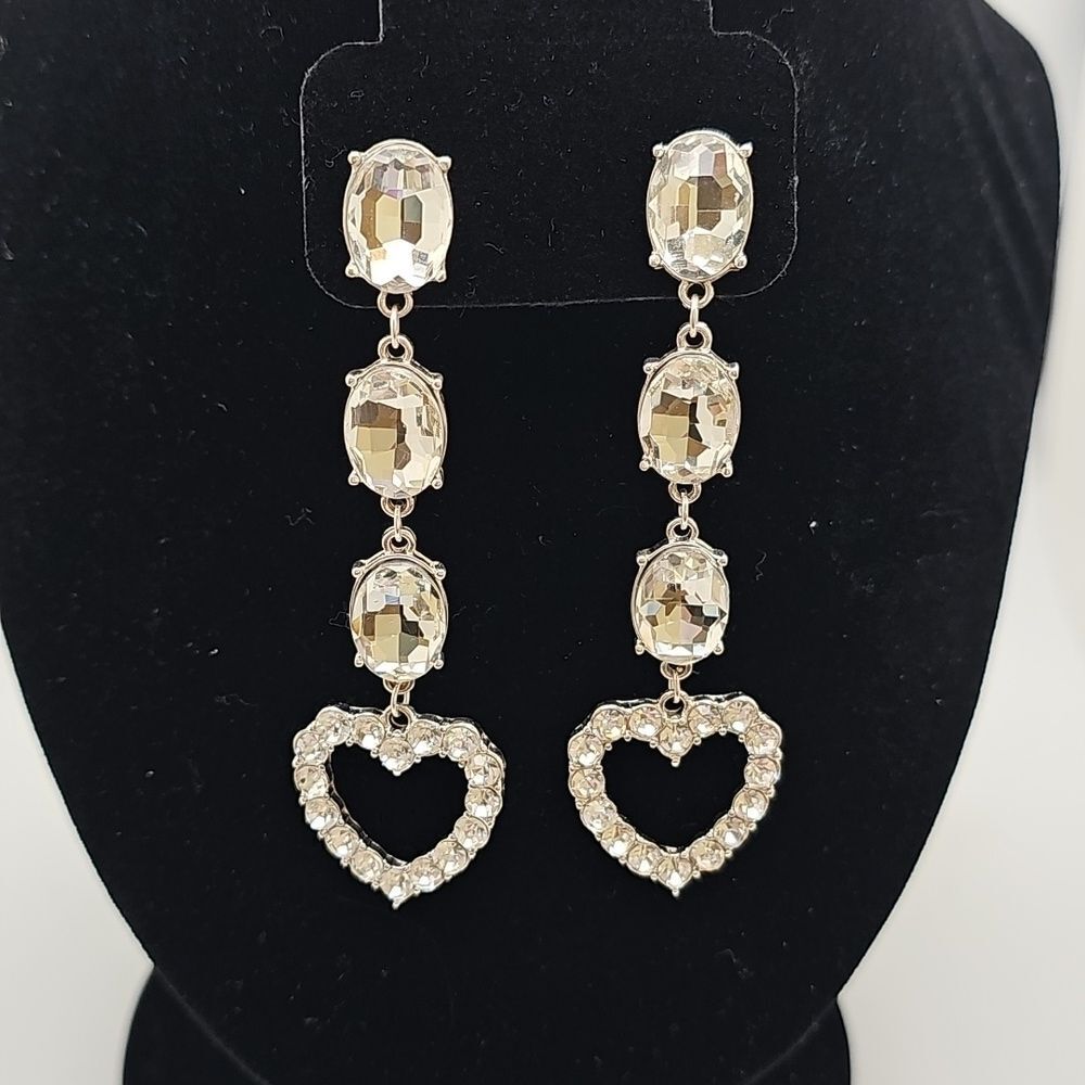 Earrings Dangle Hearts Clear Rhinestones Post Backs Pierced 3.25" Length